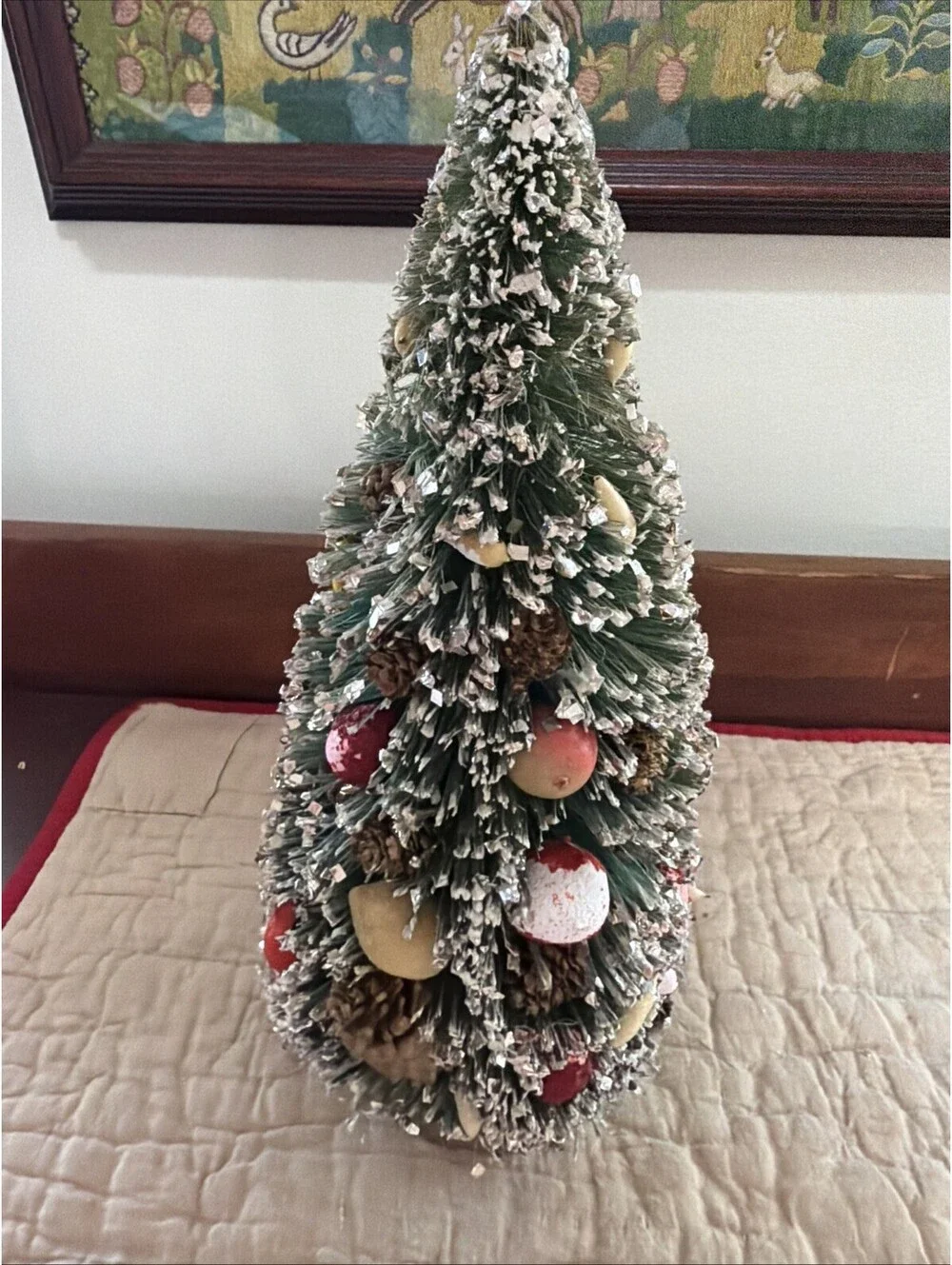 VTG Christmas Bottle Brush Tree Made Japan 1950s Glitter Pinecones Fruit 10”